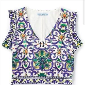 European Mediterranean Mosaic Ruffle Sleeve Fitted Crop Top NWOT size 0